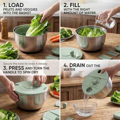 Stainless Steel Salad Spinner, 5.3 Qt Lettuce Dryer with Slicer &