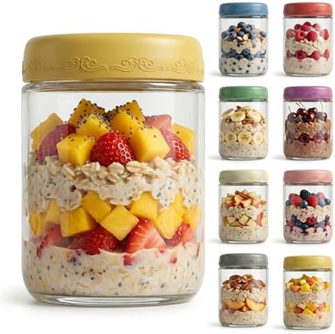 16oz 8Pack Glass Overnight Oats Jars with Airtight Lids