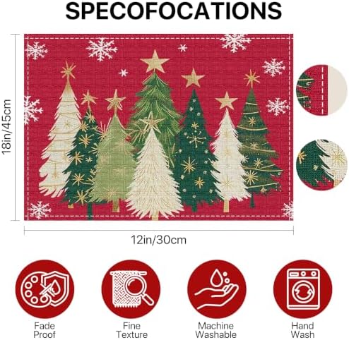 Bloss Christmas Placemats Set of 4, 12x18 Inch Xmas Trees Snowflakes