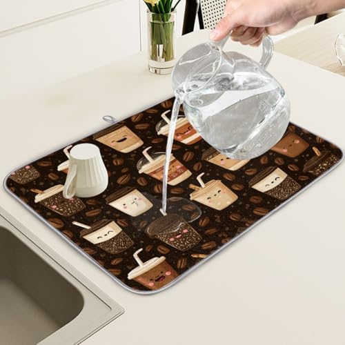 Dish Drying Mats for Kitchen Counter Coffee Beans Cups On Brown