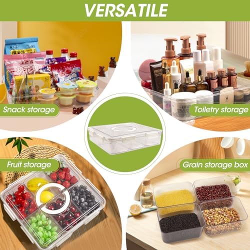 Divided Serving Tray with Lid & Handle, 6 Compartment Removable Snack