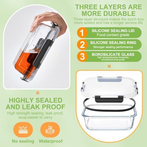 Glass Meal Prep Containers with Dividers, 6 Pack