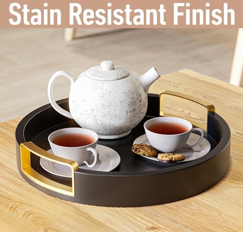 Round Decorative Tray, 12" Wooden Round Black Tray with Gold Metal