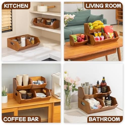 Aquzee Wooden Pantry Storage Bins, Stackable Kitchen Organizer for
