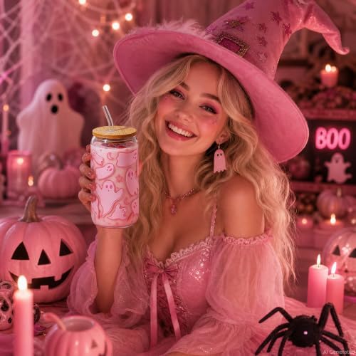 Halloween Ghost Gift for Women Pink Glass Cup with Lid and Straw