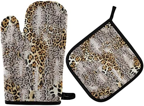 QMXO Animal Leopard Skin Print Oven Mitts Quilted Cotton Lining