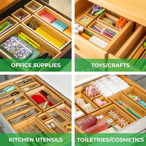 Grow Forward Bamboo Drawer Organizer Boxes - Set of 14 Wooden Drawer