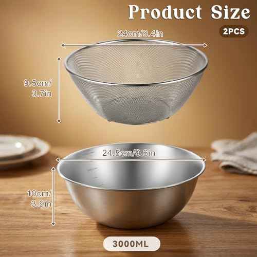 Stainless Steel Colander and Strainer Bowl Set, 3.2QT Rice Washer Strainer with Mixing Bowl, Multipurpose Kitchen Basket with Fine Mesh Colander Stainless Steel Pasta Strainers Solid Bowls
