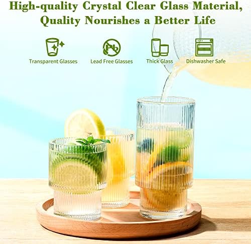 ISMASOAN Small Ribbed Glassware Set of 12, Glass Cups Fluted 12 oz &
