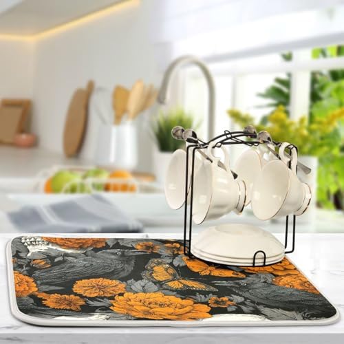 OTVEE Dark Floral Skull Dish Drying Mat for Kitchen Counter Absorbent