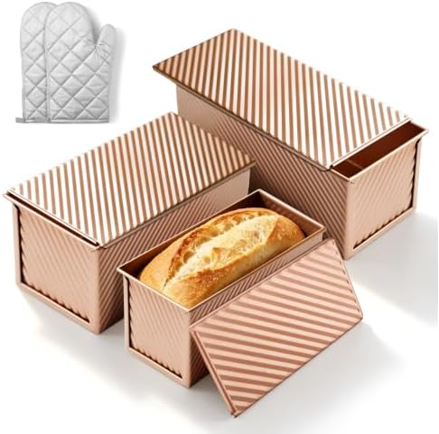 3 Sizes Bread Loaf Pan with Lid Set, Nonstick Pullman Pan (Rose Gold)