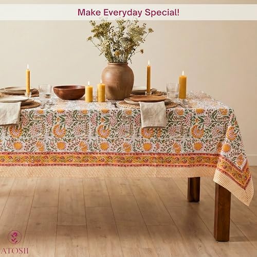 ATOSII Cotton Blockprint Rectangle Tablecloth, Clover Yellow, 90" X