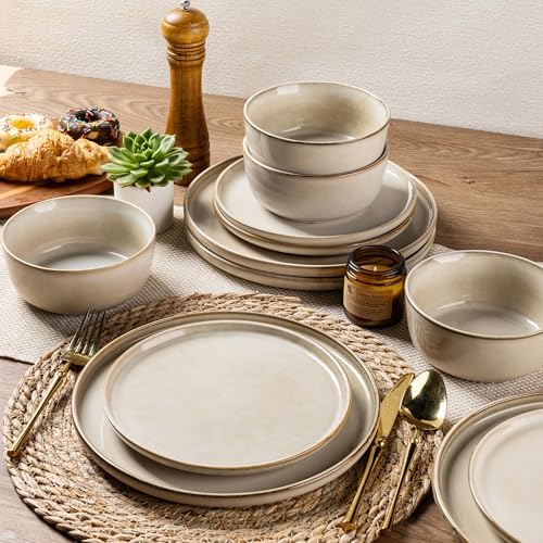 AmorArc Stoneware Dinnerware Sets for 4, 12 Piece Plates and Bowls