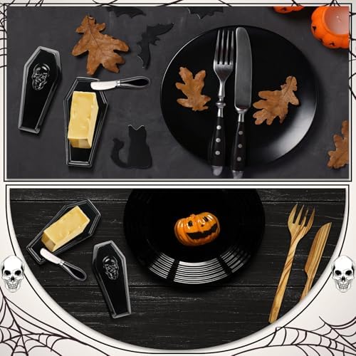 Reallnaive 2 Pcs Coffin Butter Dish with Lid, Gothic Skull Black,Flat
