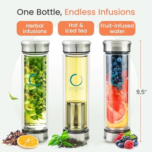 Pure Zen Tea Infuser Bottle, 13 oz, Tea Bottle with Infuser, Tea Gift