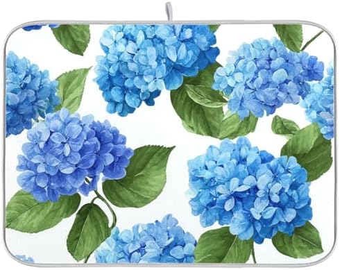 OTVEE Blue Hydrangea Nature Art Dish Drying Mat for Kitchen Counter