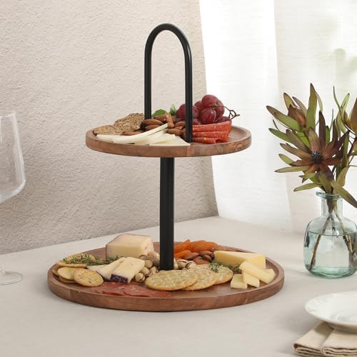 Gibson Home Gracious Dining 2-Tier Round Acacia Wood Serving Tray