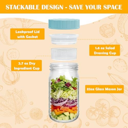 Accguan 32oz Salad Container for Lunch Meal Prep, Mason Jars 4 Pack