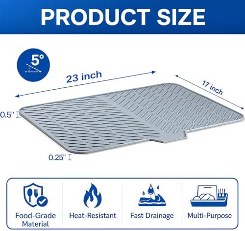Silicone Dish Drying Mat – 23"x17" Large Sloped Sink Draining Tray
