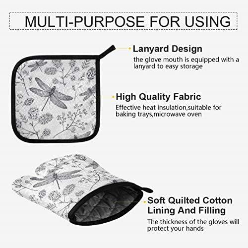QMXO Tropical Floral Dragonfly Pattern Oven Mitts Quilted Cotton