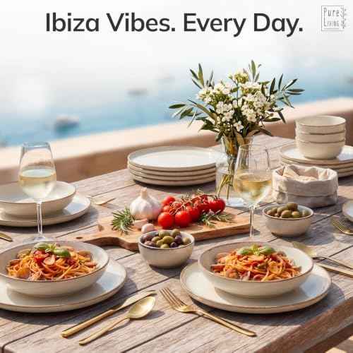 36 Piece Stoneware Dinnerware Set for 12, Handmade Plates and Bowls Set