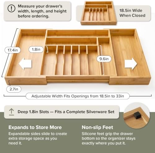 KitchenEdge Silverware & Utensil Drawer Organizer, 18-33 in, Bamboo