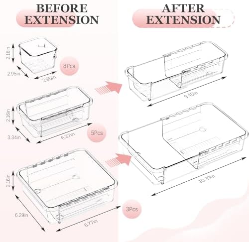 DILIBRA 16 Pcs Clear Extendable Drawer Organizer, Adjustable Drawer Storage
