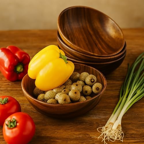 Wood Bowls for Food, Set of 4, 7 In Solid Acacia Salad, Cereal & Pasta