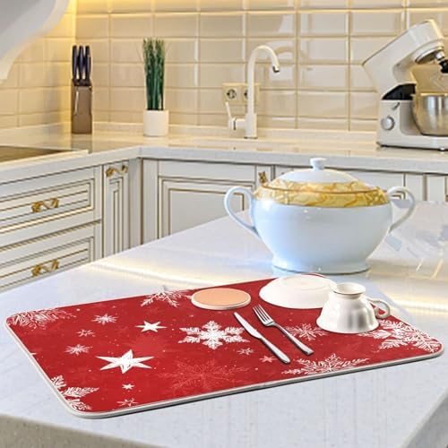 OTVEE Red Snowflake Display Dish Drying Mat for Kitchen Counter