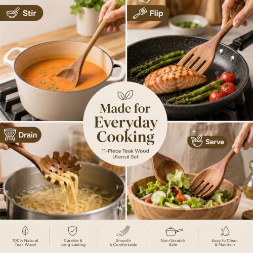 11-Piece Teak Wood Kitchen Utensil Set