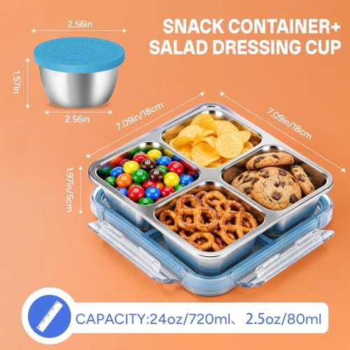 PUNOMO 4 Pack Stainless Steel Snack Containers with 4 Salad Dressing