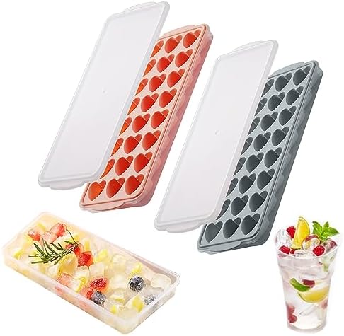 2 Pack Heart-Shaped Ice Cube Trays with lid and bin - 48 Holes