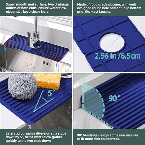Silicone Faucet Mat for Kitchen Sink, 14.5-inch, Blue