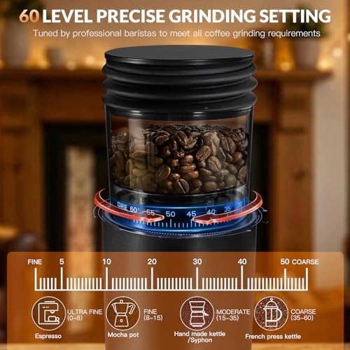 Coffee Grinder, Rechargeable Conical Burr Mill, 60 Settings, Black