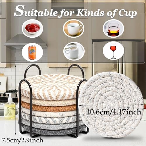 Woven Coasters Set of 8, Absorbent Drink Coasters with Holder, Boho