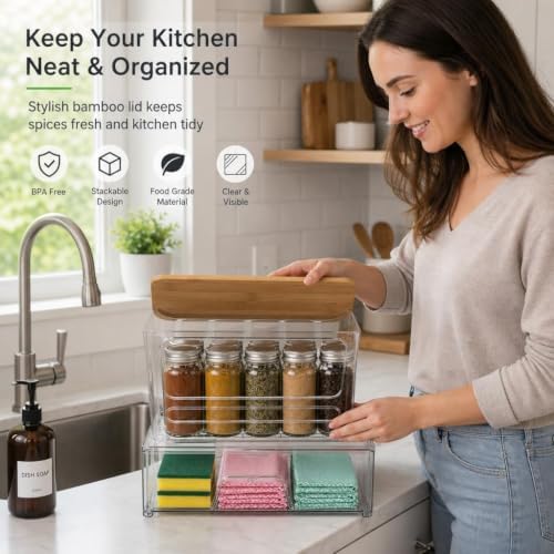 FOCHIER F 4 Pack Pantry Organizer with Bamboo Lid and Pull-Out Drawer