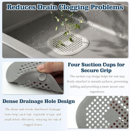 4-Pack Grey Silicone Shower Drain Hair Catchers, Square Drain Covers