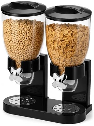 QWORK Double Dry Food Dispenser, 17.5Oz Capacity Each, Dry Cereal Grain Dispenser, Keeps Ingredients Fresh