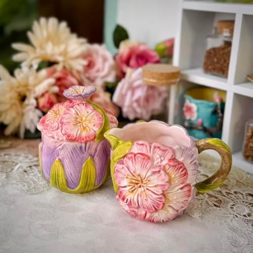 Floral Ceramic Sugar & Creamer Set - 3D Hand-Painted Cherry Blossom