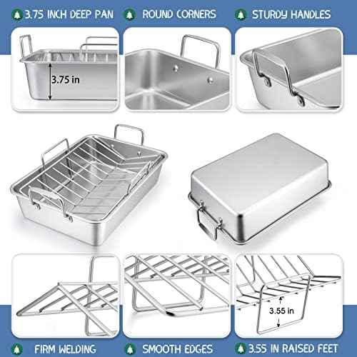 P&P CHEF 16" Roasting Pan with Rack, 7 PCS Stainless Steel Turkey Pan Rack