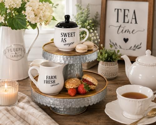 Set Sugar Bowl and Cream Server Holder Ceramic Black & White Farmhouse