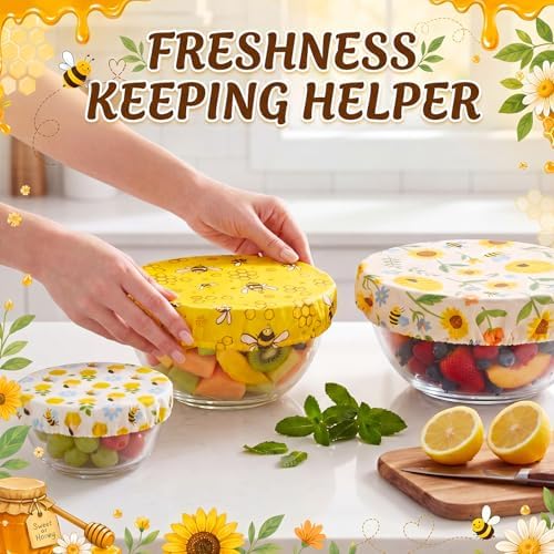 Mindsoft Reusable Bowl Covers, 10 Pcs, Yellow Honeycomb