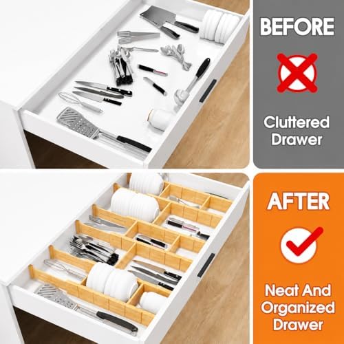 Expandable and Adjustable Bamboo Drawer Dividers with 12 Inserts