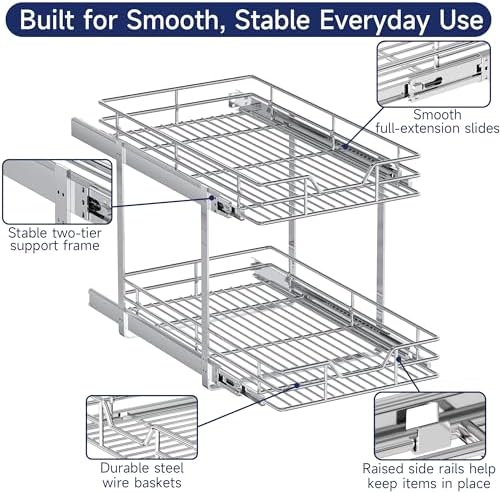 2-Tier Pull Out Cabinet Organizer, 13.5" W x 21.5" D, Heavy Duty Dual Slide Out Shelves for Base Cabinets, Chrome Wire Basket Drawer for Pantry, Kitchen & Bathroom Storage