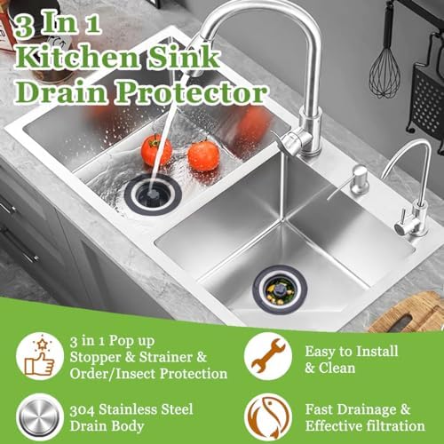 3 in 1 Kitchen Sink Drain Strainer and Stopper Combo,Stainless Steel