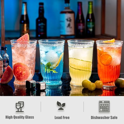 Vintage Drinking Glasses, 8 pcs Embossed Designed Highball Glasses
