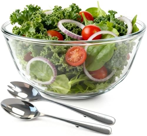 Greentainer 4.75 QT Large Borosilicate Glass Salad Bowl with Utensils
