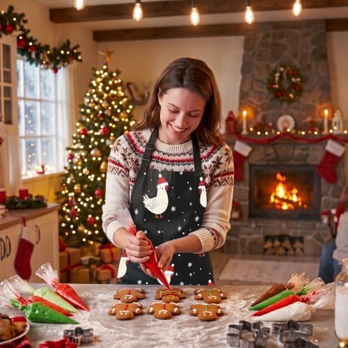 Cute Christmas Aprons for Women with Pocket, Funny Holiday Chicken
