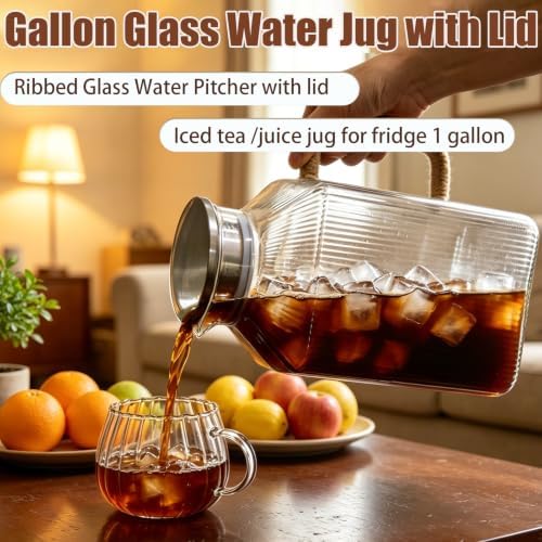 1 Gallon Glass Iced Tea Pitcher with Lid Fridge Square Water Juice