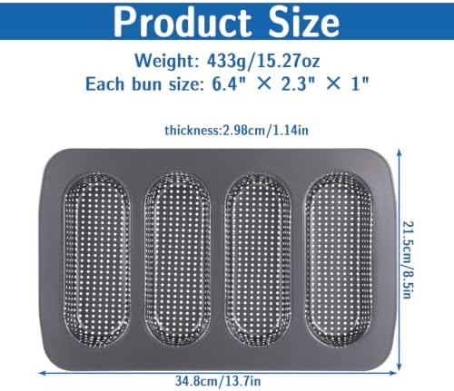3-Pack Hot Dog Bun Pan, 4-Cavity Perforated Carbon Steel Bread Loaf